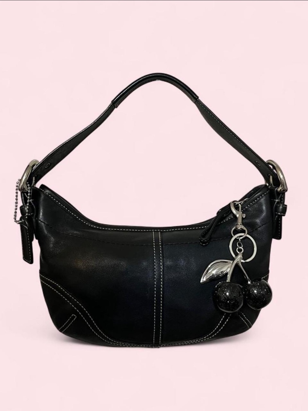 vintage coach all black leather mini hobo bag with white stitching 🖤